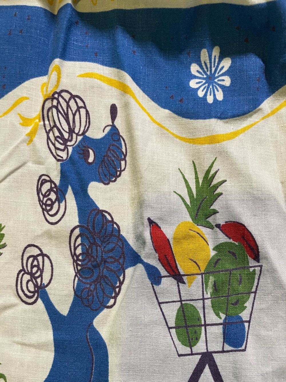 Vintage colorful cotton apron with dancing poodles at the market